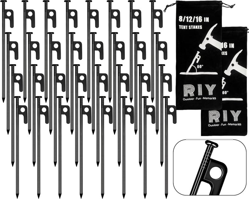 RIY Tent Stakes Heavy Duty 8 inch Metal Tent Pegs for Camping Steel Tent Stakes Inflexible and Unbreakable-32 PCS - Image 1